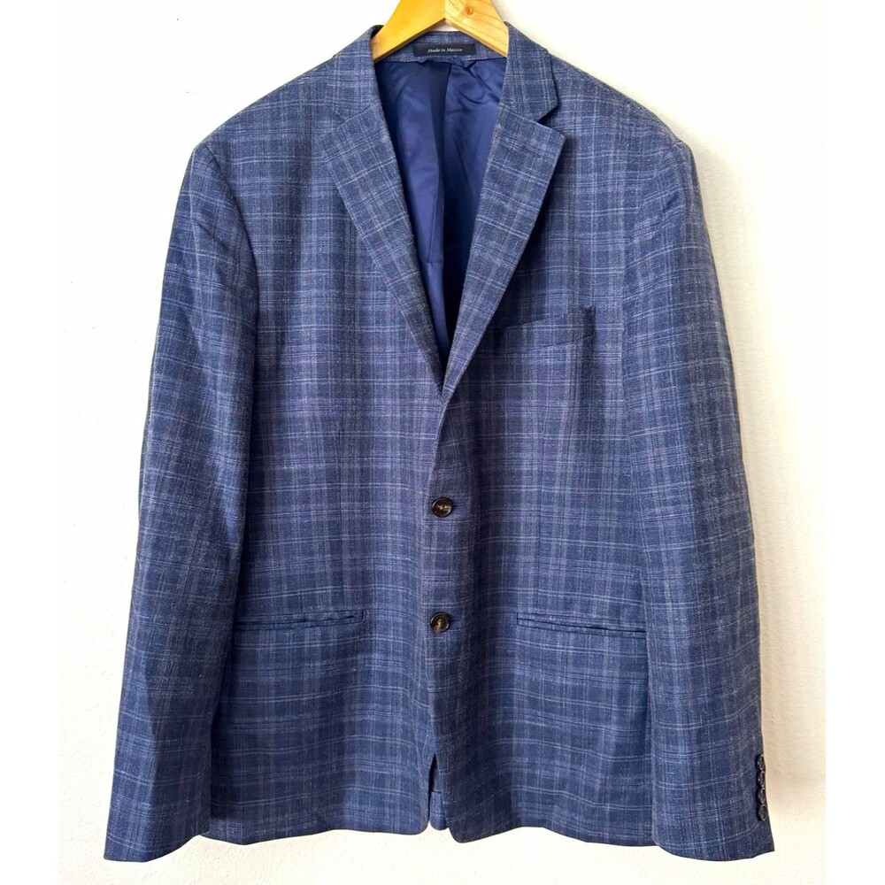 Lauren Ralph Lauren Blue Plaid Tweed Sport Coat Blazer Wool Silk Linen 46R